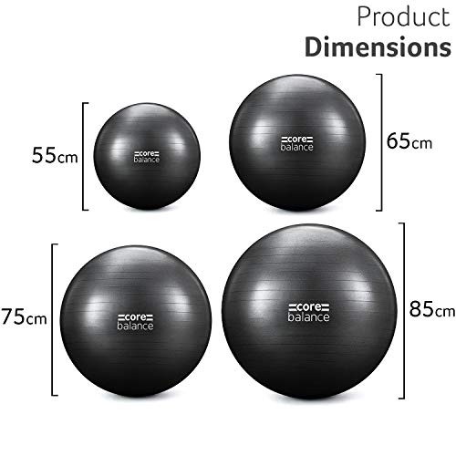 CORE BALANCE, Pelota de Pilates, Fitness, Yoga, Embarazo, Fitball para Ejercicios Gimnasia - Muy Resistente – Tamaño 55cm 65cm 75cm 85cm - Hinchador Incluido