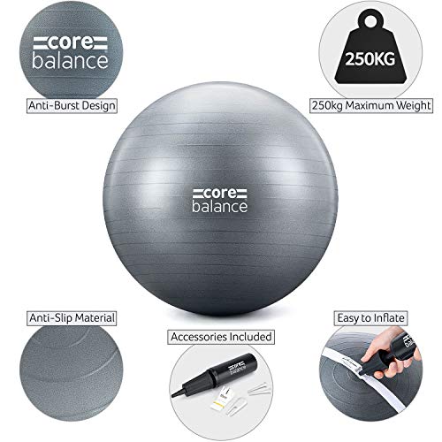 CORE BALANCE, Pelota de Pilates, Fitness, Yoga, Embarazo, Fitball para Ejercicios Gimnasia - Muy Resistente – Tamaño 55cm 65cm 75cm 85cm - Hinchador Incluido