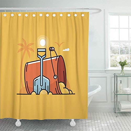 Cortina para Ducha Escena De Playa con Cubo Rojo Y Pala Azul En La Arena Verano Viaje Plano Baño Moderno Impermeable Ganchos Cortina De Ducha Hotel 183X183Cm Hogar Hermos