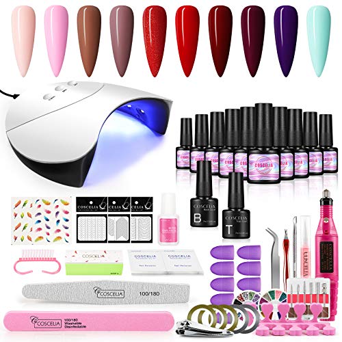 COSCELIA 10PCS Kit de Esmaltes Semipermanentes en Gel Soak off 7ML UV/LED Lámpara para Uñas 36W Torno para Uñas Pulidora Eléctrica Base Top Gel para Manicura Pedicura