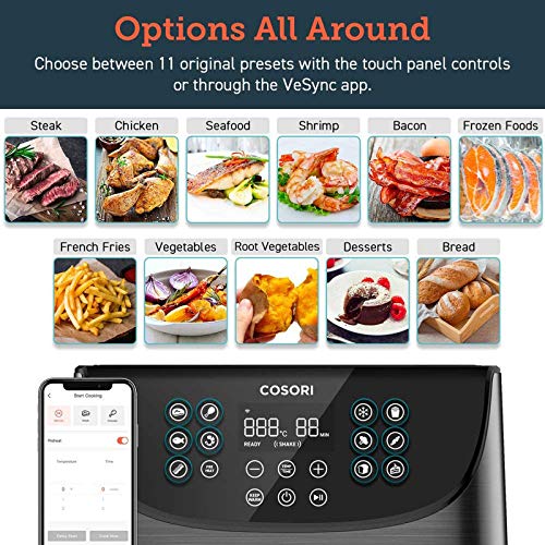 COSORI Freidora sin Aceite Inteligente WiFi 5.5L, Freidora Aire con 11 Programas, Función Mantener Caliente, Pantalla LED Táctil, Temporizador, Sin BPA ni PFOA, 100 Recetas, Funciona con APP, 1700W