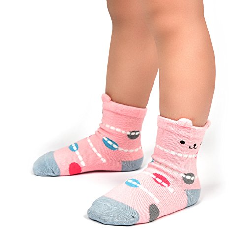 Cottock 12 Pares de Calcetines Antideslizantes para Niñas Pequeñas Algodón Lindo con Puños, Calcetines Antideslizantes para Piñas Pequeñas (12 pares, 1-3 años)