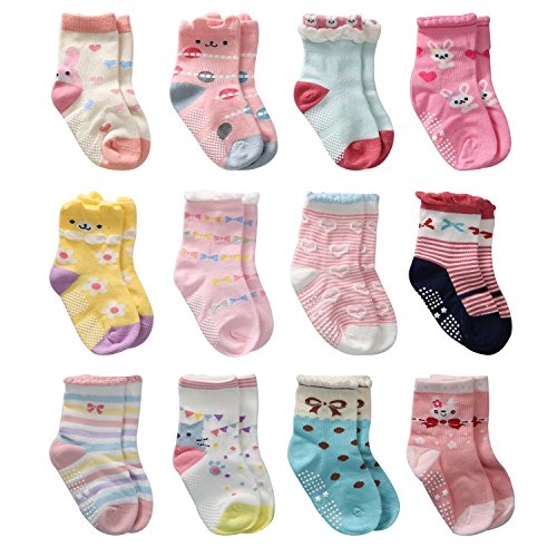 Cottock 12 Pares de Calcetines Antideslizantes para Niñas Pequeñas Algodón Lindo con Puños, Calcetines Antideslizantes para Piñas Pequeñas (12 pares, 1-3 años)