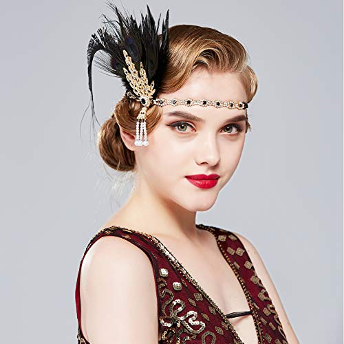 Coucoland 1920s - Cinta para la frente, con plumas, diseño de hojas con brillantes, estilo años 20, accesorio de disfraz para mujer pavo real negro. Talla única Coucoland 1920s - Cinta para la frente, con plumas, diseño de hojas con brillantes, estilo años 20, accesorio de disfraz para mujer pavo real negro. Talla única