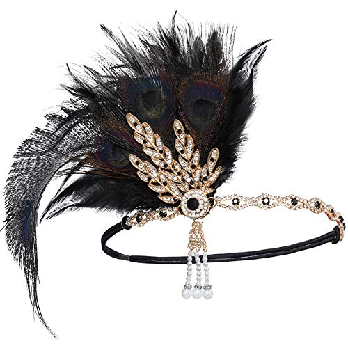 Coucoland 1920s - Cinta para la frente, con plumas, diseño de hojas con brillantes, estilo años 20, accesorio de disfraz para mujer pavo real negro. Talla única
