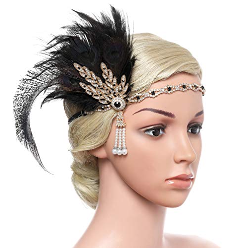 Coucoland 1920s - Cinta para la frente, con plumas, diseño de hojas con brillantes, estilo años 20, accesorio de disfraz para mujer pavo real negro. Talla única Coucoland 1920s - Cinta para la frente, con plumas, diseño de hojas con brillantes, estilo años 20, accesorio de disfraz para mujer pavo real negro. Talla única