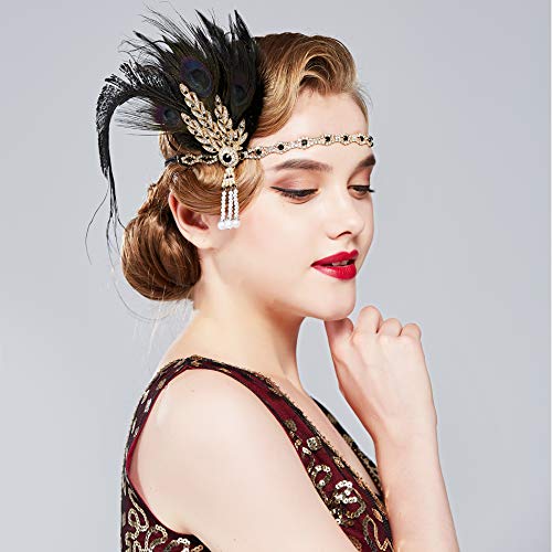 Coucoland 1920s - Cinta para la frente, con plumas, diseño de hojas con brillantes, estilo años 20, accesorio de disfraz para mujer pavo real negro. Talla única