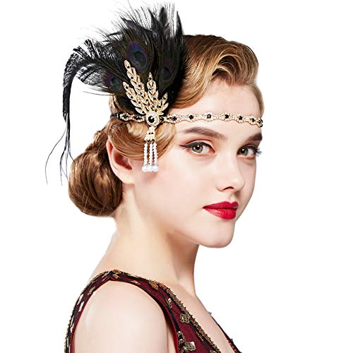 Coucoland 1920s - Cinta para la frente, con plumas, diseño de hojas con brillantes, estilo años 20, accesorio de disfraz para mujer pavo real negro. Talla única Coucoland 1920s - Cinta para la frente, con plumas, diseño de hojas con brillantes, estilo años 20, accesorio de disfraz para mujer pavo real negro. Talla única