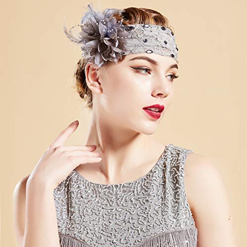 Coucoland Cinta para el pelo de los años 20, plumas y lentejuelas, diseño de flores, estilo charlestón, ideal para disfraz de Gran Gatsby gris Talla única