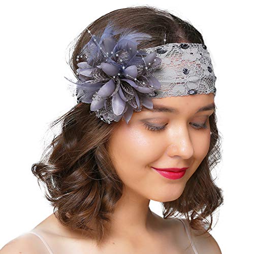 Coucoland Cinta para el pelo de los años 20, plumas y lentejuelas, diseño de flores, estilo charlestón, ideal para disfraz de Gran Gatsby gris Talla única