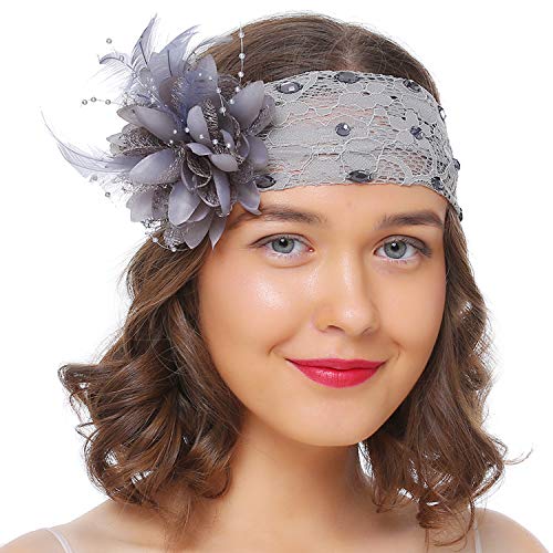 Coucoland Cinta para el pelo de los años 20, plumas y lentejuelas, diseño de flores, estilo charlestón, ideal para disfraz de Gran Gatsby gris Talla única