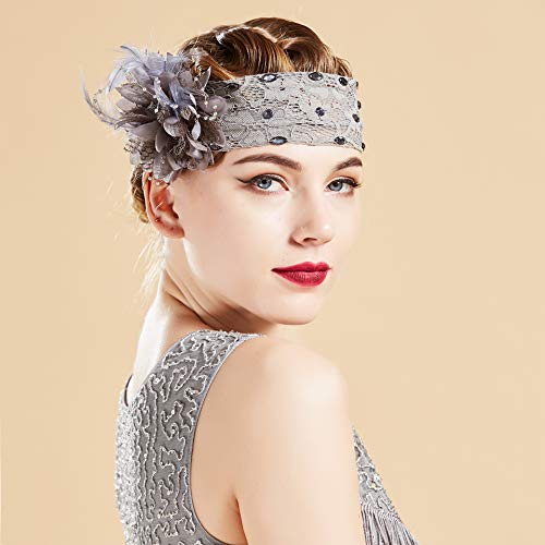 Coucoland Cinta para el pelo de los años 20, plumas y lentejuelas, diseño de flores, estilo charlestón, ideal para disfraz de Gran Gatsby gris Talla única