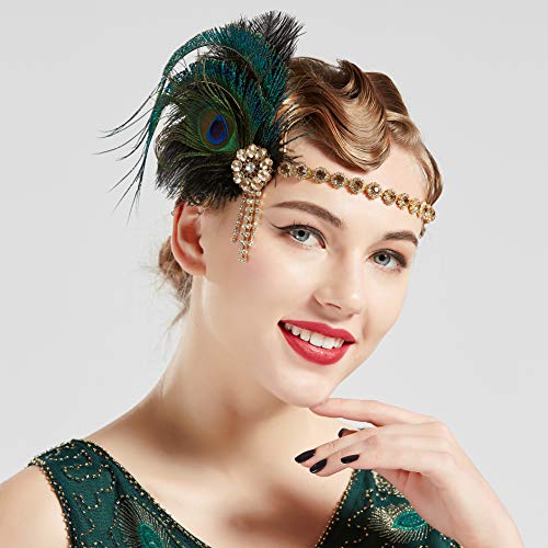 Coucoland Diadema de los años 20 con plumas de pavo real para mujer, estilo años 20, charlestón, gran Gatsby negro y dorado Talla única