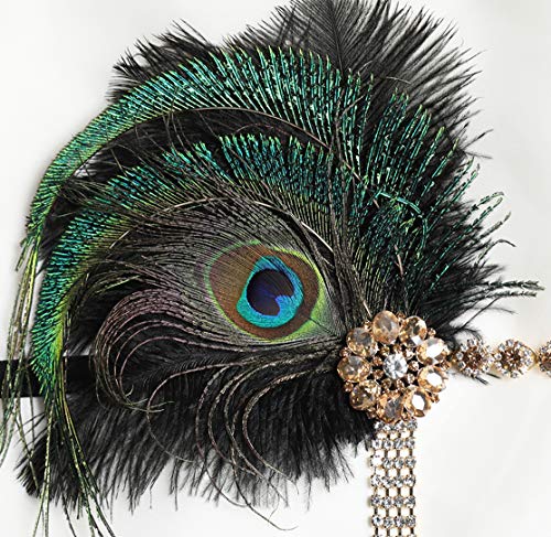 Coucoland Diadema de los años 20 con plumas de pavo real para mujer, estilo años 20, charlestón, gran Gatsby negro y dorado Talla única