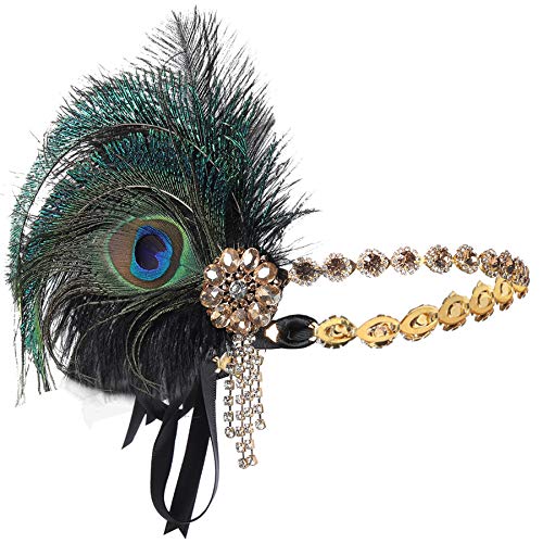 Coucoland Diadema de los años 20 con plumas de pavo real para mujer, estilo años 20, charlestón, gran Gatsby negro y dorado Talla única