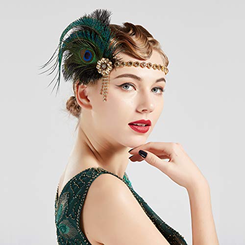 Coucoland Diadema de los años 20 con plumas de pavo real para mujer, estilo años 20, charlestón, gran Gatsby negro y dorado Talla única