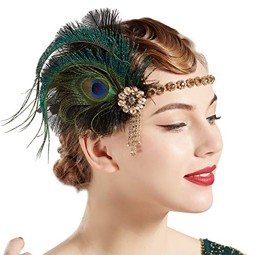 Coucoland Diadema de los años 20 con plumas de pavo real para mujer, estilo años 20, charlestón, gran Gatsby negro y dorado Talla única