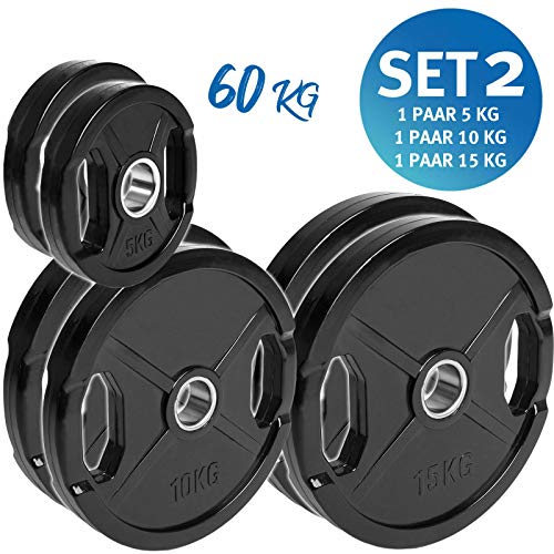 C.P.Sports - Juego de discos para pesas olímpicas con revestimiento de goma, peso de 0,5 a 25 kg, 50 mm, culturismo, juego de pesas con agujeros para agarrar, entrenamiento con pesas, Set 2 - 60 kg. C.P.Sports - Juego de discos para pesas olímpicas con revestimiento de goma, peso de 0,5 a 25 kg, 50 mm, culturismo, juego de pesas con agujeros para agarrar, entrenamiento con pesas, Set 2 - 60 kg.