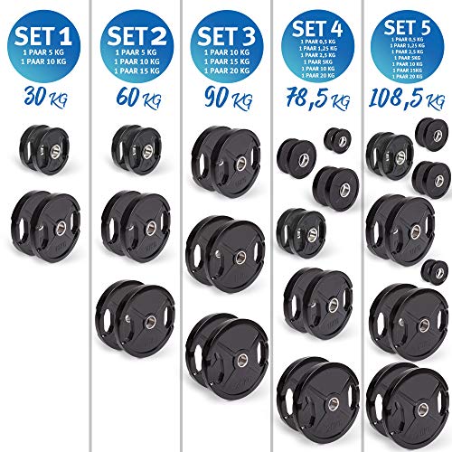 C.P.Sports - Juego de discos para pesas olímpicas con revestimiento de goma, peso de 0,5 a 25 kg, 50 mm, culturismo, juego de pesas con agujeros para agarrar, entrenamiento con pesas, Set 2 - 60 kg. C.P.Sports - Juego de discos para pesas olímpicas con revestimiento de goma, peso de 0,5 a 25 kg, 50 mm, culturismo, juego de pesas con agujeros para agarrar, entrenamiento con pesas, Set 2 - 60 kg.