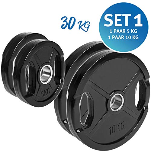 C.P.Sports - Juego de discos para pesas (revestidos de goma, 0,5-25 kg, 50 mm, con agujeros para agarrar), Set 1 - 30 kg. C.P.Sports - Juego de discos para pesas (revestidos de goma, 0,5-25 kg, 50 mm, con agujeros para agarrar), Set 1 - 30 kg.