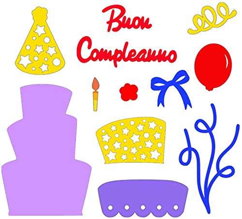 Crafting Dies Troquel con texto en inglés «Buon Birthday», metálico, troquelado para tartas, velas, copos y estrellas, Thinlits, Happy Birthday»