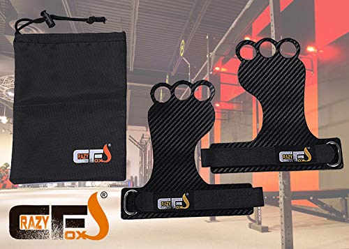 CRAZYFOXS Calleras para Crossfit - Grips 3H Fibra de Carbono – Guantes de Gimnasio para Protección de Manos - Diseño 2020 Ergonómico Hombre y Mujer - Gym Fitness Halterofilia (M)