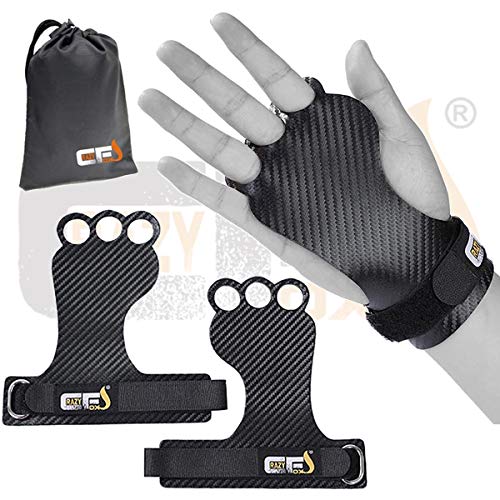 CRAZYFOXS Calleras para Crossfit - Grips 3H Fibra de Carbono – Guantes de Gimnasio para Protección de Manos - Diseño 2020 Ergonómico Hombre y Mujer - Gym Fitness Halterofilia (M)