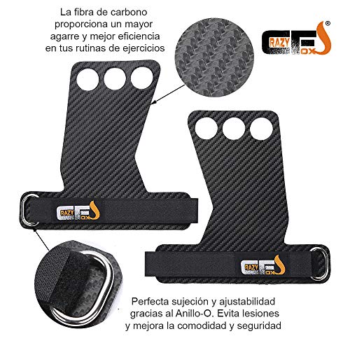 CRAZYFOXS Calleras para Crossfit - Grips 3H Fibra de Carbono – Guantes de Gimnasio para Protección de Manos - Hombre y Mujer Negro - Gym Fitness Halterofilia Pesas - 3 Agujeros (L)