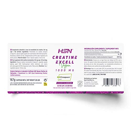 Creatina en Cápsulas Vegetales de HSN | Creatina Excell 1000mg 100% Creapure | Sello de Calidad Garantizada, Monohidrato | Vegano, Sin Gluten, Sin Lactosa, Sin Sabor, 120 cápsulas