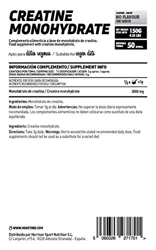 Creatina Monohidrato Micronizada en Polvo de HSN | Aumenta tu Rendimiento Deportivo, tu Energía y tu Masa Muscular, Retrasa la fatiga | Vegano, Sin Gluten, Sin Lactosa, 150 gr Creatina Monohidrato Micronizada en Polvo de HSN | Aumenta tu Rendimiento Deportivo, tu Energía y tu Masa Muscular, Retrasa la fatiga | Vegano, Sin Gluten, Sin Lactosa, 150 gr