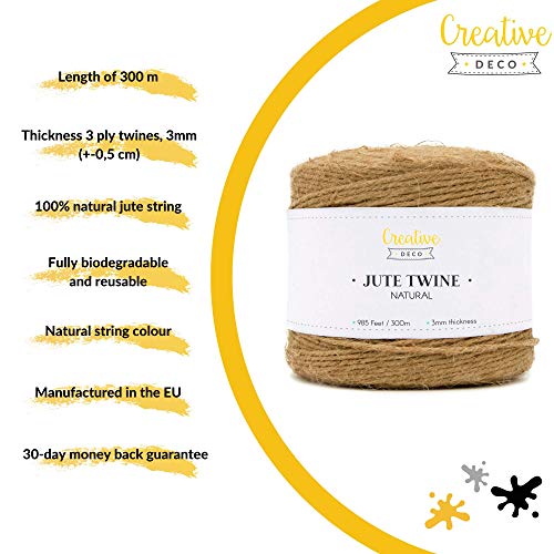 Creative Deco 985 Pies / 300 m Cordel Cuerda Yute Manualidades | 2-3 mm de Espesor | Rollo Grande Marrón Natural Gruesa Fuerte Decoración, Floristería, Artesanía y Bricolaje Creative Deco 985 Pies / 300 m Cordel Cuerda Yute Manualidades | 2-3 mm de Espesor | Rollo Grande Marrón Natural Gruesa Fuerte Decoración, Floristería, Artesanía y Bricolaje