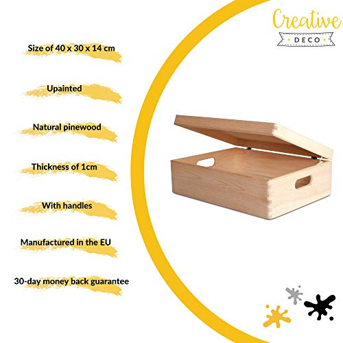 Creative Deco XL Grande Caja Madera para Decorar | 40 x 30 x 13 cm (+/-1cm) | con Tapa y Asas | Cofre Decoración Decoupage | Almacenar Documentos, Objetos, Juguetes, Herramientas | EN Bruto SIN LIJAR