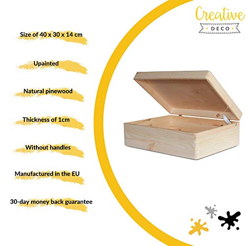 Creative Deco XL Grande Caja Madera para Decorar con Tapa | 40 x 30 x 14 cm (+/-1cm) | Cofre Decoración Decoupage | para Almacenaje de Documentos, Objetos, Juguetes, Herramientas | EN Bruto SIN LIJAR