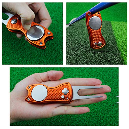 Crestgolf Golf Divot Tool con Botón Emergente y Marcador de Bola Magnética Pitch Mark Mini Herramienta Portátil y Plegable Ligera (Orange)