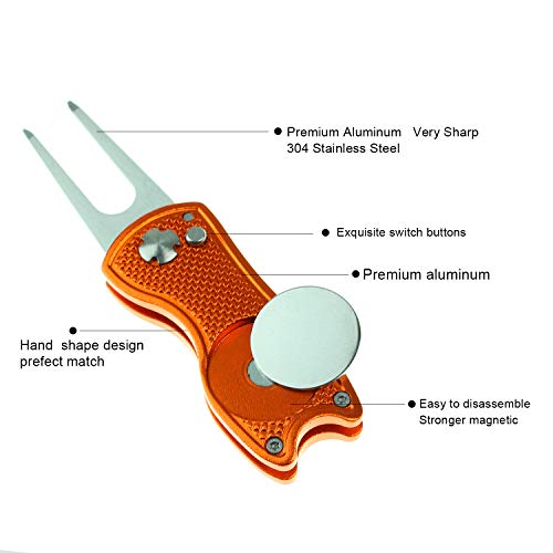 Crestgolf Golf Divot Tool con Botón Emergente y Marcador de Bola Magnética Pitch Mark Mini Herramienta Portátil y Plegable Ligera (Orange)