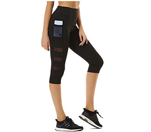 CrisKat Conjunto de Deporte Profesional de 2 Piezas Ropa Deportiva para Mujer Camiseta de Running de Manga Corta & Pantalones Pirata legings 3/4 con Bolsillo de Cintura Alta (M, Conjunto Negro2)