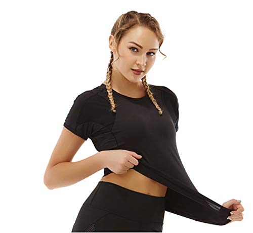 CrisKat Conjunto de Deporte Profesional de 2 Piezas Ropa Deportiva para Mujer Camiseta de Running de Manga Corta & Pantalones Pirata legings 3/4 con Bolsillo de Cintura Alta (M, Conjunto Negro2)