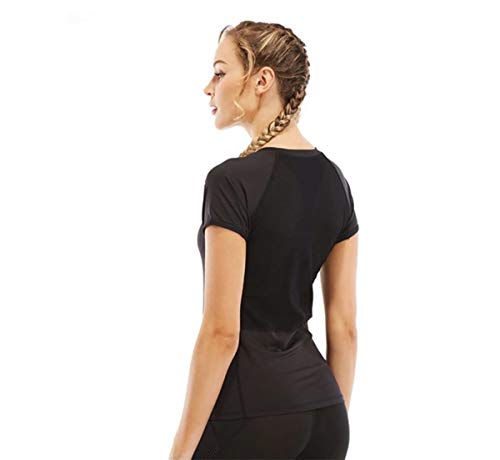 CrisKat Conjunto de Deporte Profesional de 2 Piezas Ropa Deportiva para Mujer Camiseta de Running de Manga Corta & Pantalones Pirata legings 3/4 con Bolsillo de Cintura Alta (M, Conjunto Negro2)