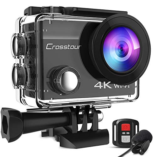 Crosstour CT8500 Cámara Deportiva 4K Wi-Fi 20MP (Cámara de Accion Acuatica de 40M con Micrófono Externo y Control Remoto, Funciones EIS Anti-Vibración y 20 Kits de Montaje de Accesorios)