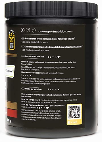 Crown Sport Nutrition Creatina Monohidrato Creapure con certificado antidoping Informed Sport, Suplemento para Deportistas, Polvo sabor Neutro - 300 g