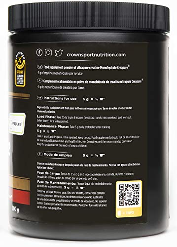 Crown Sport Nutrition Creatina Monohidrato Creapure con certificado antidoping Informed Sport, Suplemento para Deportistas, Polvo sabor Neutro - 300 g Crown Sport Nutrition Creatina Monohidrato Creapure con certificado antidoping Informed Sport, Suplemento para Deportistas, Polvo sabor Neutro - 300 g