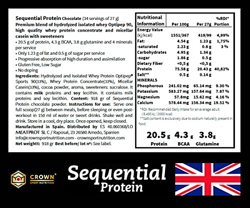 Crown Sport Nutrition Sequential Protein, Suplemento de proteína para antes de dormir para Deportistas, Sabor de Chocolate - 918 gr
