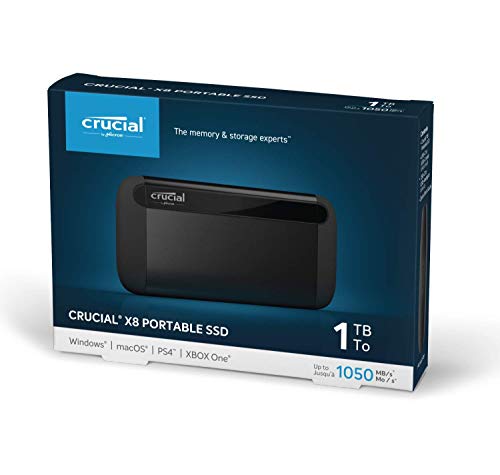 Crucial CT1000X8SSD9 - SSD portátil X8 1 TB, de hasta 1050 MB/s – USB 3.2 – Unidad de estado sólido externa USB-C, USB-A