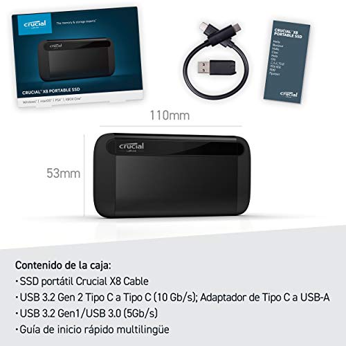 Crucial CT1000X8SSD9 - SSD portátil X8 1 TB, de hasta 1050 MB/s – USB 3.2 – Unidad de estado sólido externa USB-C, USB-A