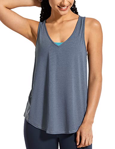 CRZ YOGA Mujer V Neck T-Shirt Camiseta sin Mangas de Entrenamiento Fitness Camisolas Azul Melange 40