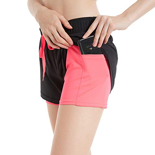 CtopoGo Pantalones Cortos de Deporte 2 en 1 para Mujer Pantalones Cortos Deportivo de Yoga para Hacer Ejercicio Pantalones Cortos para Deporte al Aire Libre Respirable (Black, XL)