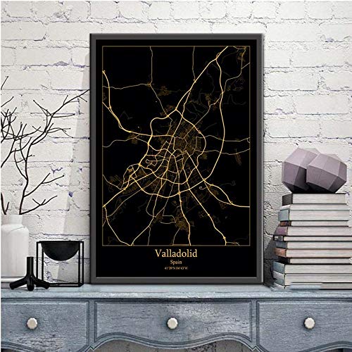 Cuadro Impresiones En Lienzo,Valladolid Black Gold World City Map Imágenes Impresas En Lienzo Simplicidad Moderna Póster De Arte De Pared Abstracto Decoración Nórdica Para El Hogar Pintura En Lien