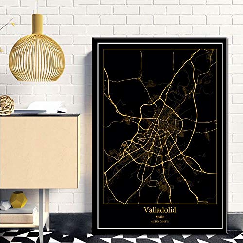 Cuadro Impresiones En Lienzo,Valladolid Black Gold World City Map Imágenes Impresas En Lienzo Simplicidad Moderna Póster De Arte De Pared Abstracto Decoración Nórdica Para El Hogar Pintura En Lien