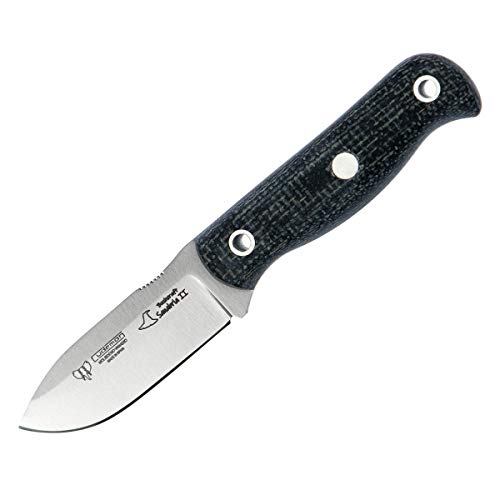 Cuchillo Cudeman 182-T Mini Sanabria II BUSHCRAFT de un Duende de Negro Hoja de Acero MoVa de 7 cm empuñadura de Yute Negro de 8,5 cm Funda de Cuero para Caza, Pesca, Supervivencia y Bushcraft