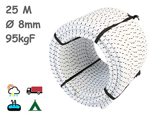 Cuerda Elastica 8mm. Monotex Polietileno. Piscinas (Standard NF P 90-308) Toldos Acampadas Exteriores Manualidades Nautica Amarres Escalada Resistente al Agua (25m, Blanco Chiné)